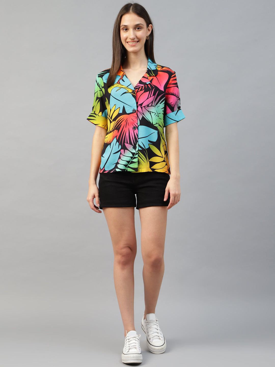 Women Back & Yellow Printed Viscose Rayon Regular Fit Casual Shirt