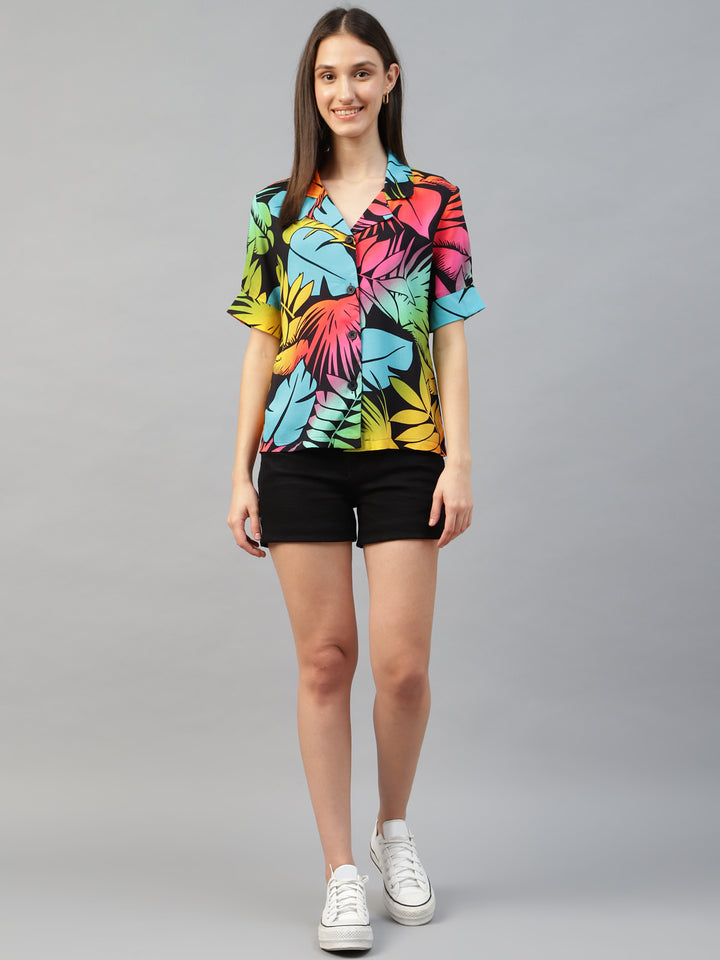 Women Back & Yellow Printed Viscose Rayon Regular Fit Casual Shirt