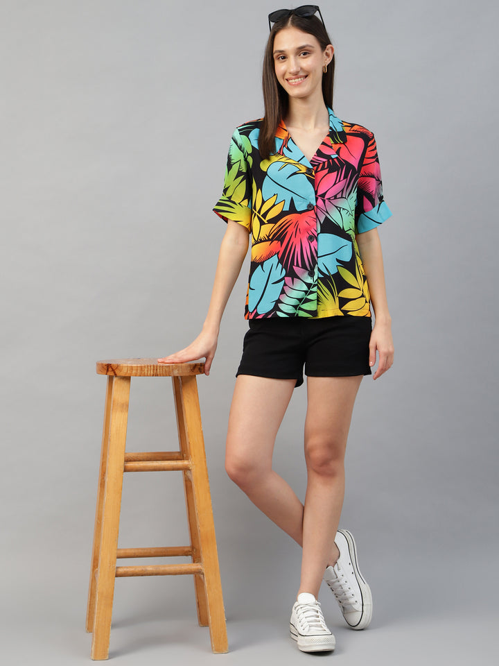 Women Back & Yellow Printed Viscose Rayon Regular Fit Casual Shirt