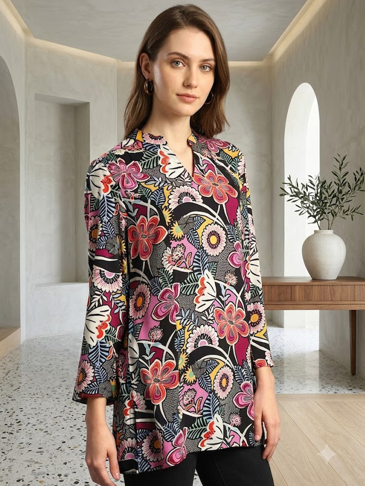 Hancock Women Black & Magenta Printed Viscose Rayon Regular Fit Casual Top