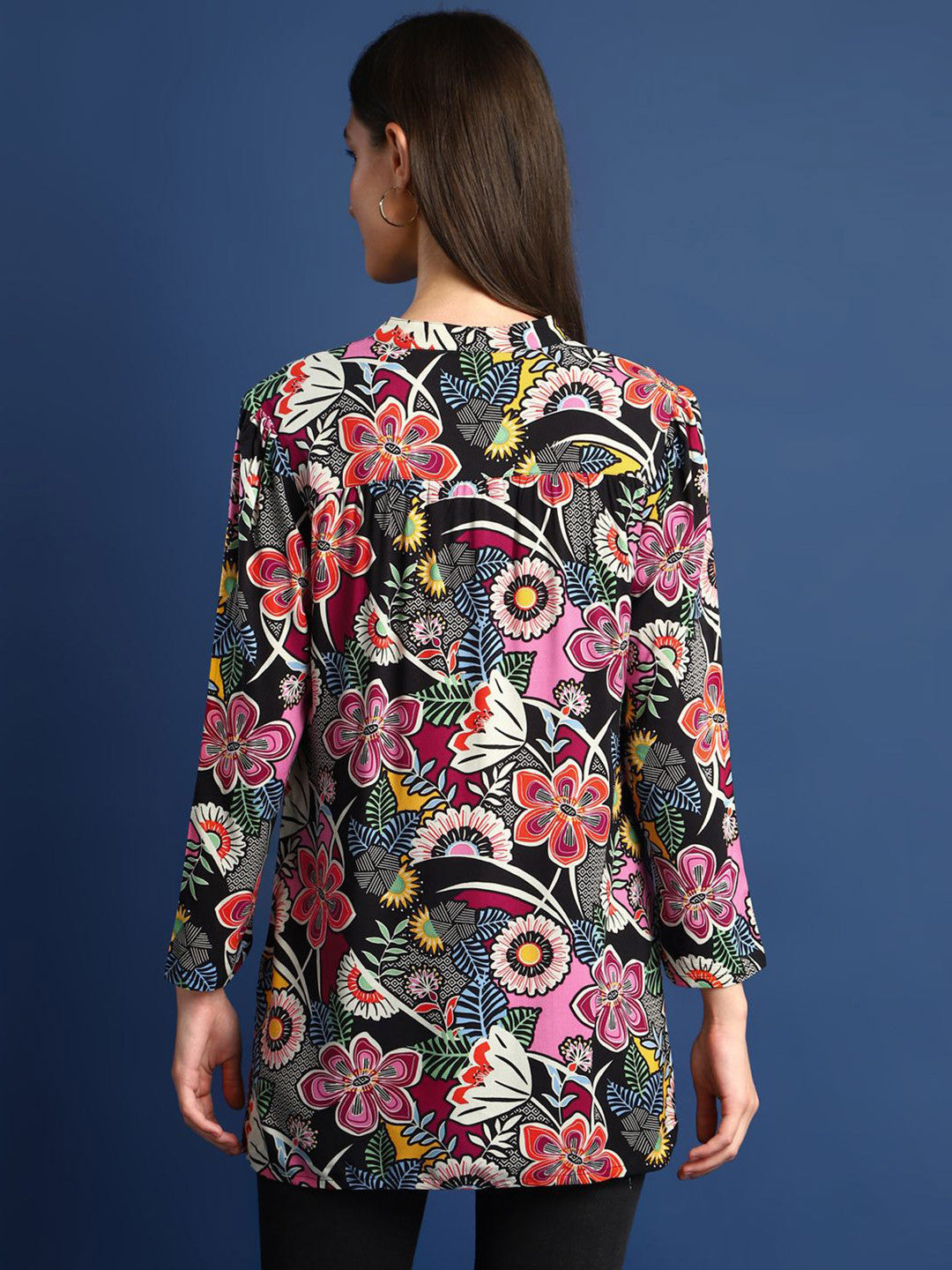 Hancock Women Black & Magenta Printed Viscose Rayon Regular Fit Casual Top