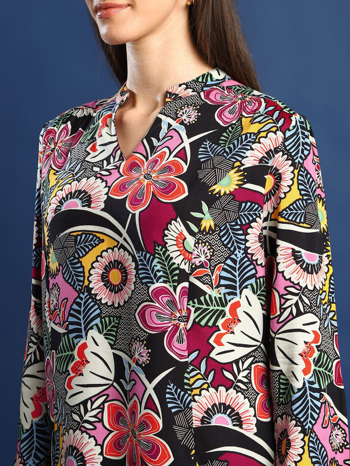 Hancock Women Black & Magenta Printed Viscose Rayon Regular Fit Casual Top