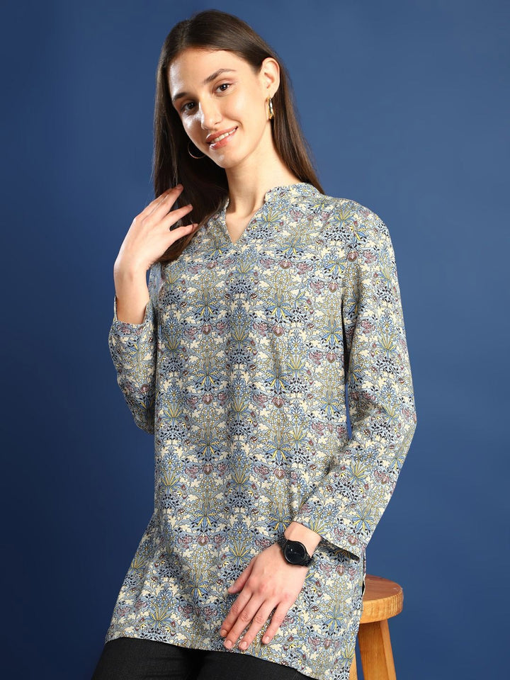 Hancock Women Grey Printed Viscose Rayon Regular Fit Casual Top