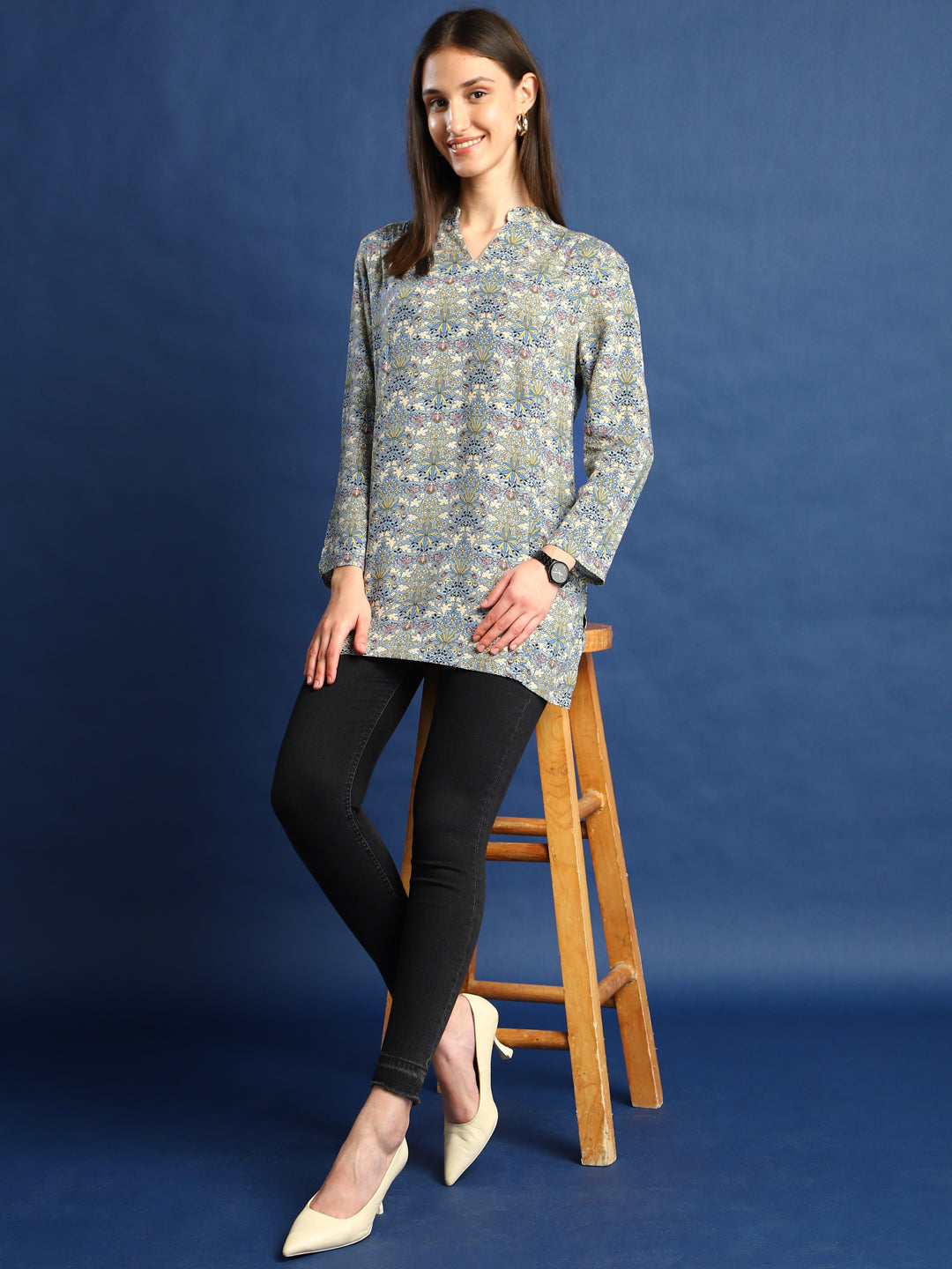 Hancock Women Grey Printed Viscose Rayon Regular Fit Casual Top