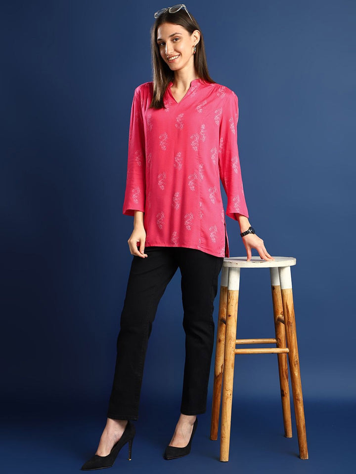 Hancock Women Pink Printed Viscose Rayon Regular Fit Casual Top