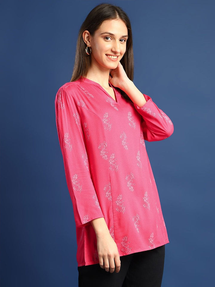 Hancock Women Pink Printed Viscose Rayon Regular Fit Casual Top