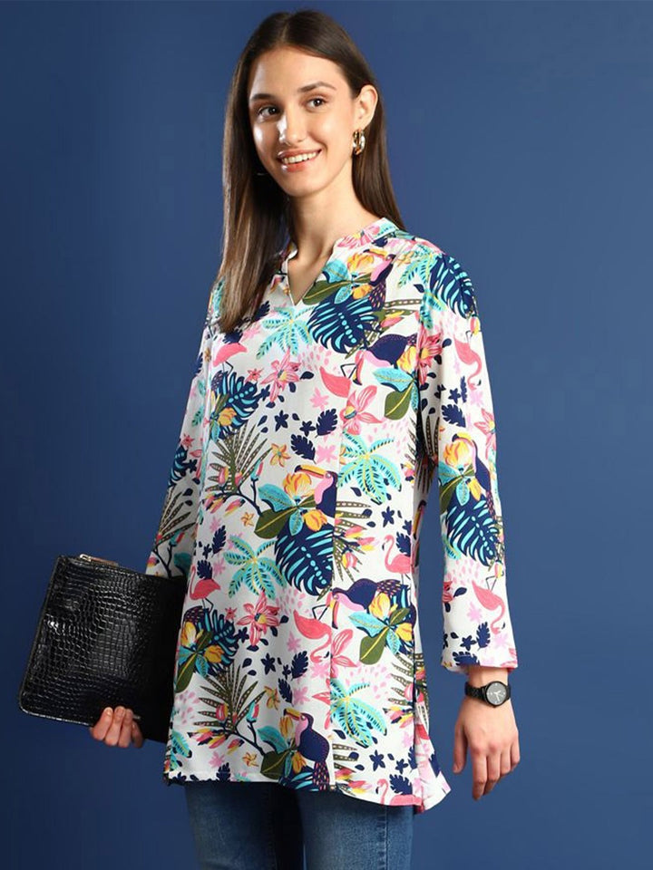 Hancock Women White & Multi Printed Viscose Rayon Regular Fit Casual Top