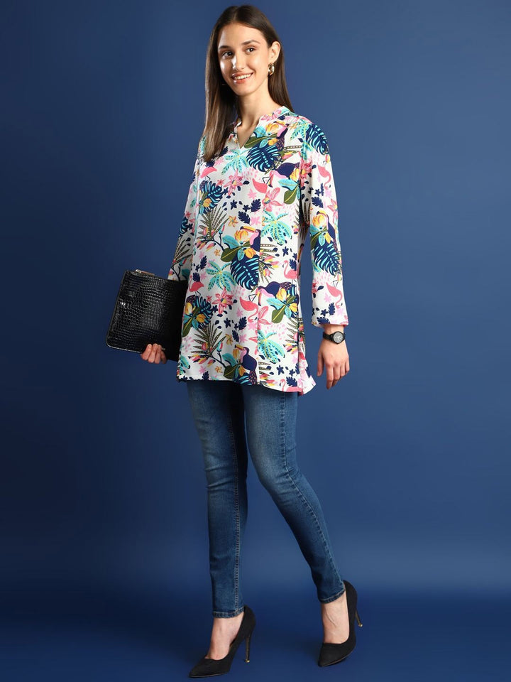 Hancock Women White & Multi Printed Viscose Rayon Regular Fit Casual Top