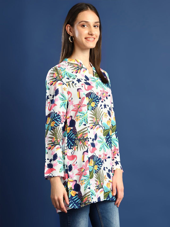 Hancock Women White & Multi Printed Viscose Rayon Regular Fit Casual Top