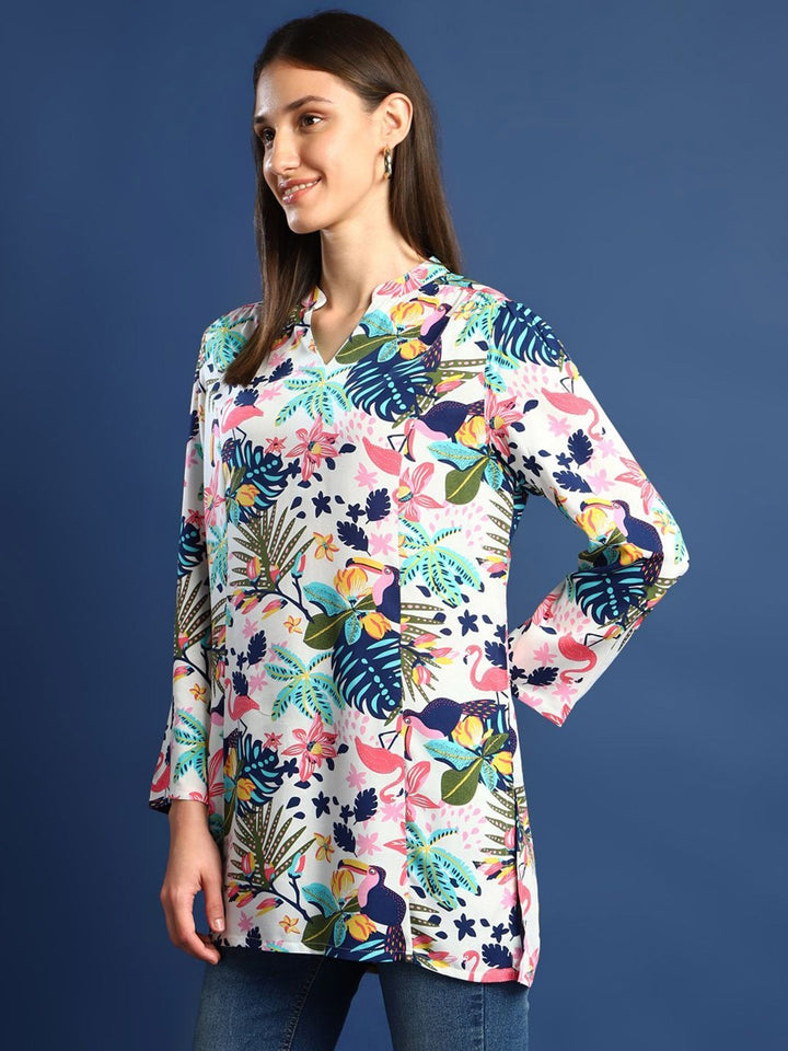 Hancock Women White & Multi Printed Viscose Rayon Regular Fit Casual Top