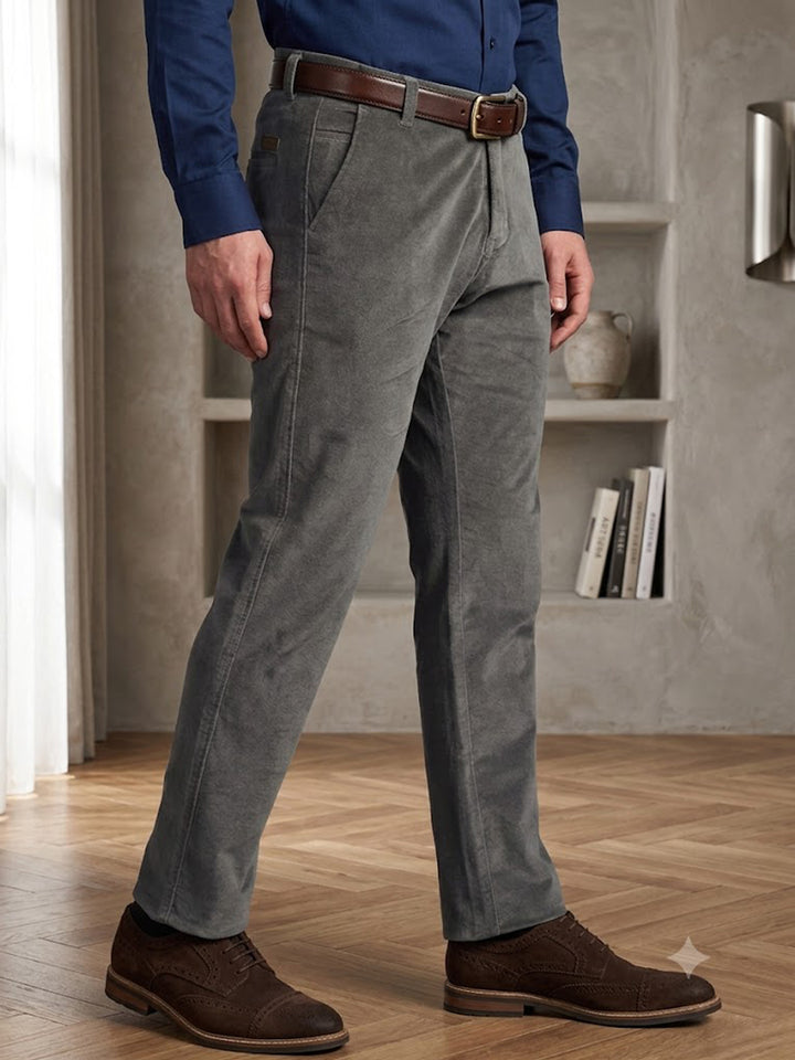 Men Grey Solid Velvet Cotton Stretchable Slim Fit Party Trouser