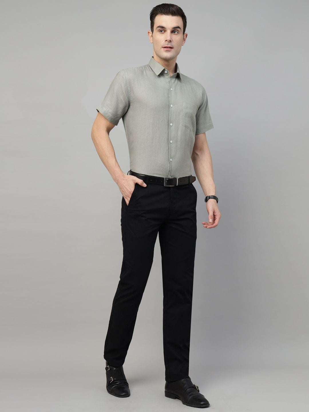 Men Basil Green Solid Pure Linen Slim Fit Formal Shirt