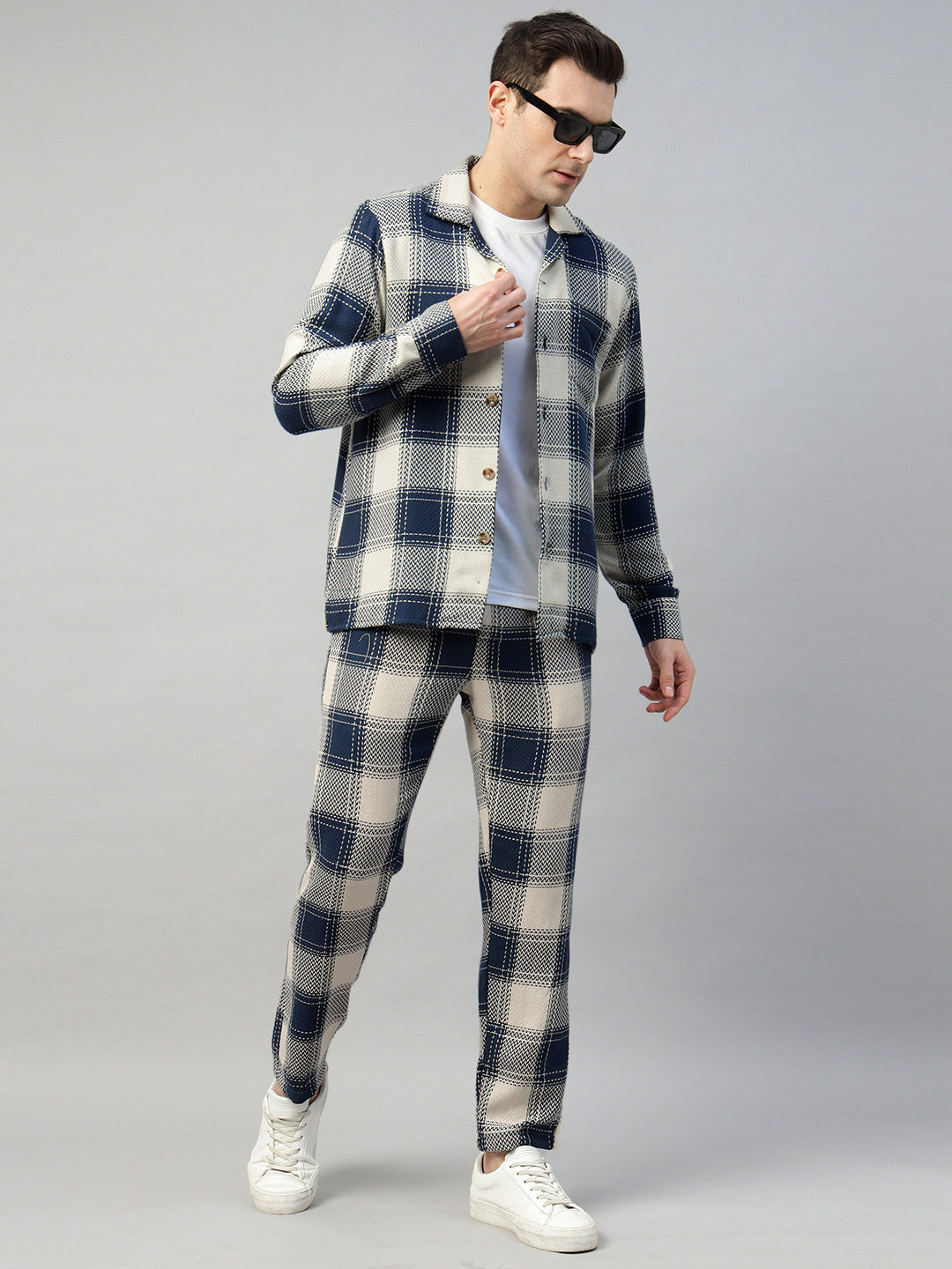 Hancock Men Cream & Navy Blue Check Pure Cotton Relaxed Fit Night Wear Night Suit