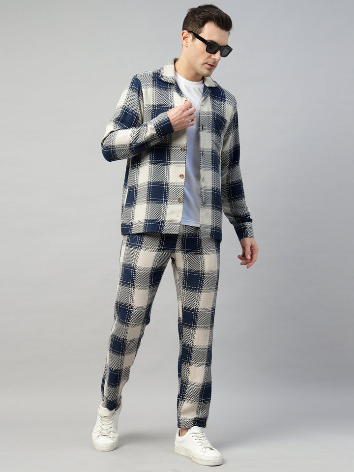 Hancock Men Cream & Navy Blue Check Pure Cotton Relaxed Fit Night Wear Night Suit