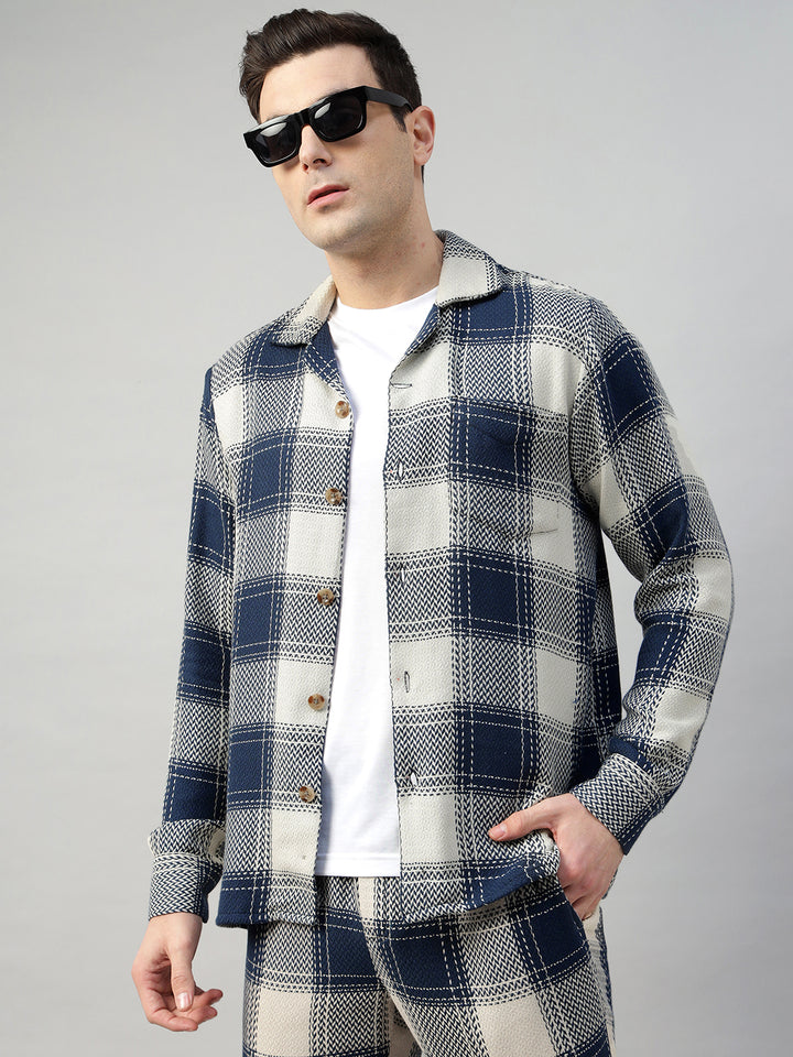 Hancock Men Cream & Navy Blue Check Pure Cotton Relaxed Fit Night Wear Night Suit