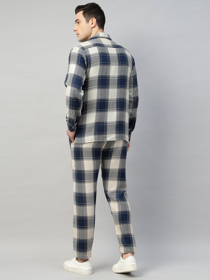 Hancock Men Cream & Navy Blue Check Pure Cotton Relaxed Fit Night Wear Night Suit