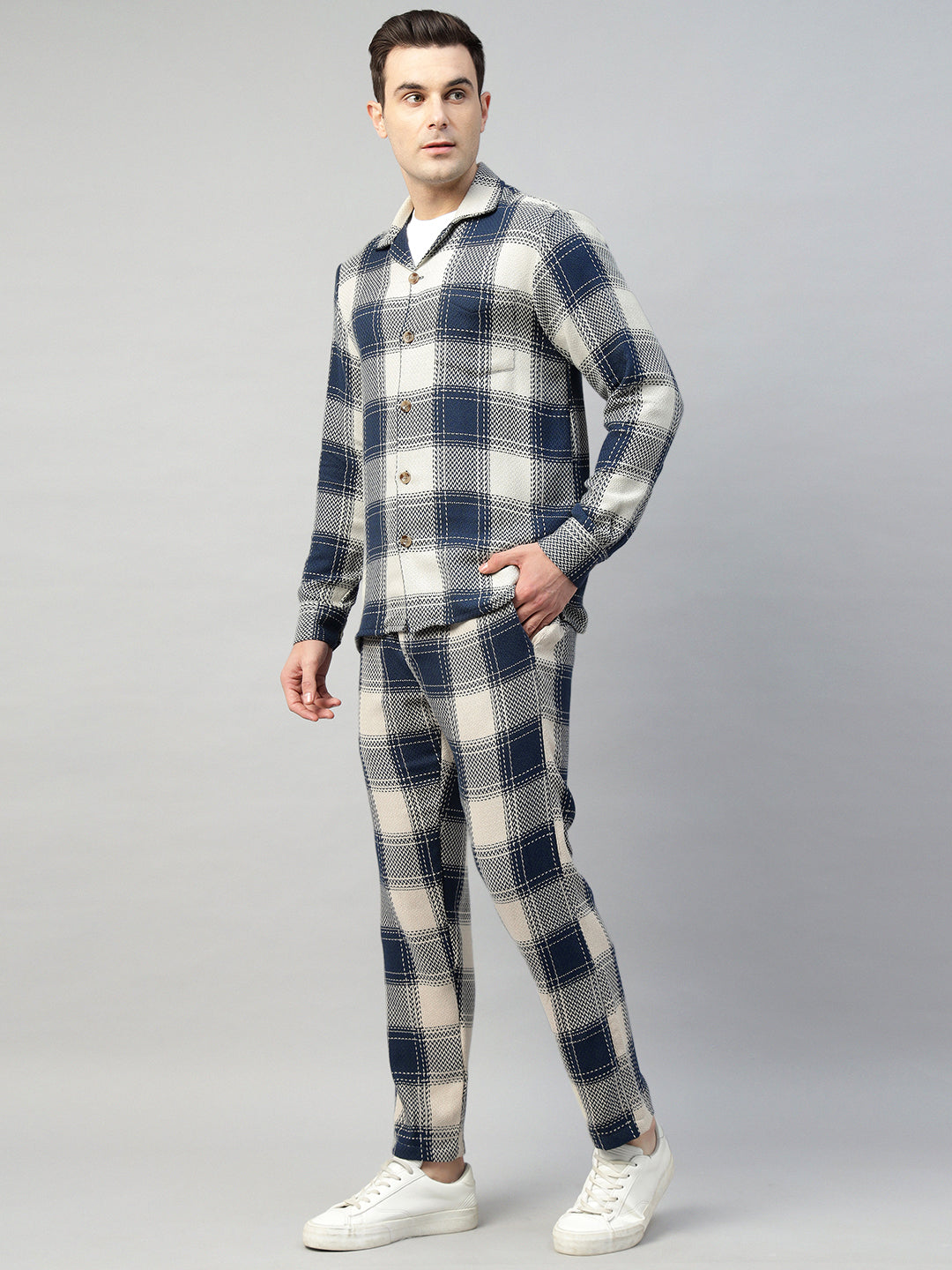 Hancock Men Cream & Navy Blue Check Pure Cotton Relaxed Fit Night Wear Night Suit
