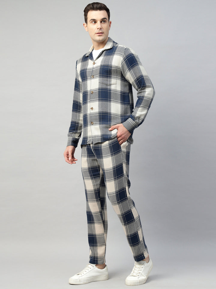 Hancock Men Cream & Navy Blue Check Pure Cotton Relaxed Fit Night Wear Night Suit