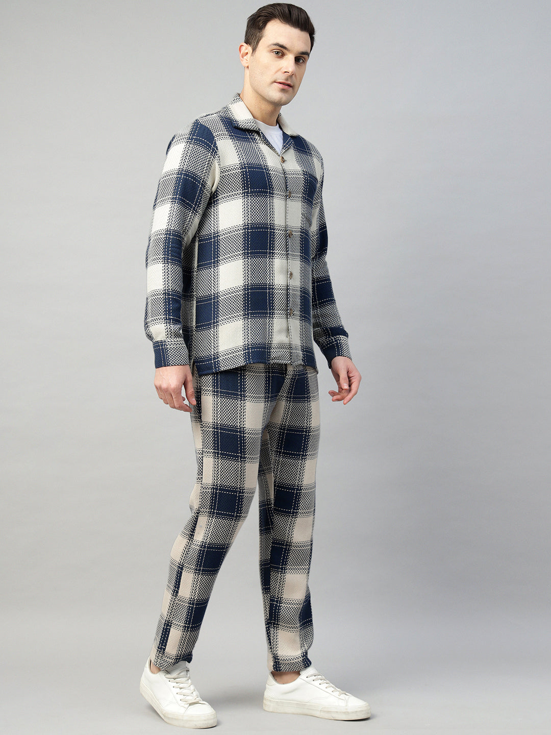 Hancock Men Cream & Navy Blue Check Pure Cotton Relaxed Fit Night Wear Night Suit