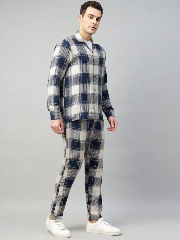 Hancock Men Cream & Navy Blue Check Pure Cotton Relaxed Fit Night Wear Night Suit
