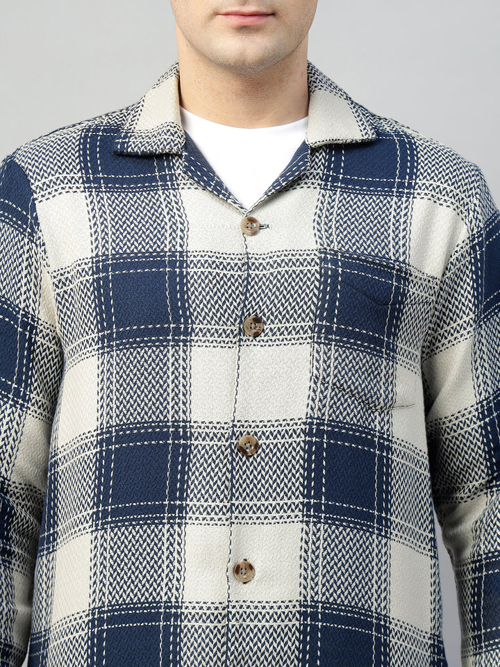 Hancock Men Cream & Navy Blue Check Pure Cotton Relaxed Fit Night Wear Night Suit
