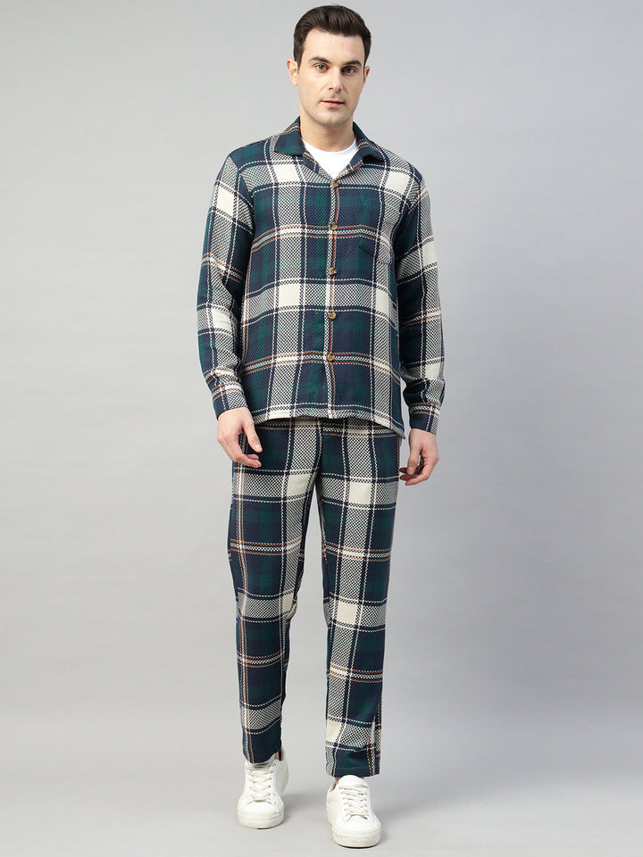 Hancock Men Navy Blue & Green Check Pure Cotton Relaxed Fit Night Wear Night Suit