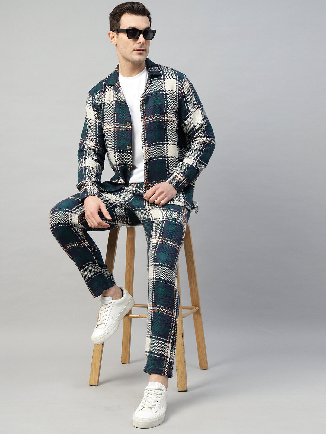 Hancock Men Navy Blue & Green Check Pure Cotton Relaxed Fit Night Wear Night Suit