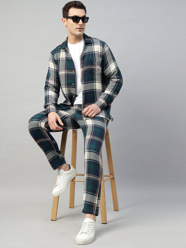 Hancock Men Navy Blue & Green Check Pure Cotton Relaxed Fit Night Wear Night Suit