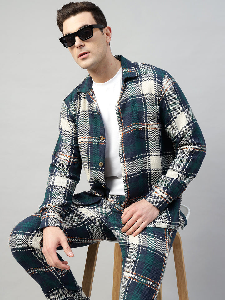 Hancock Men Navy Blue & Green Check Pure Cotton Relaxed Fit Night Wear Night Suit
