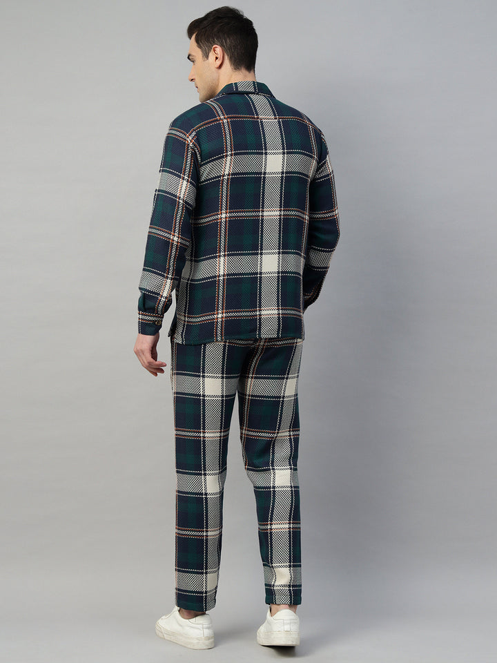 Hancock Men Navy Blue & Green Check Pure Cotton Relaxed Fit Night Wear Night Suit