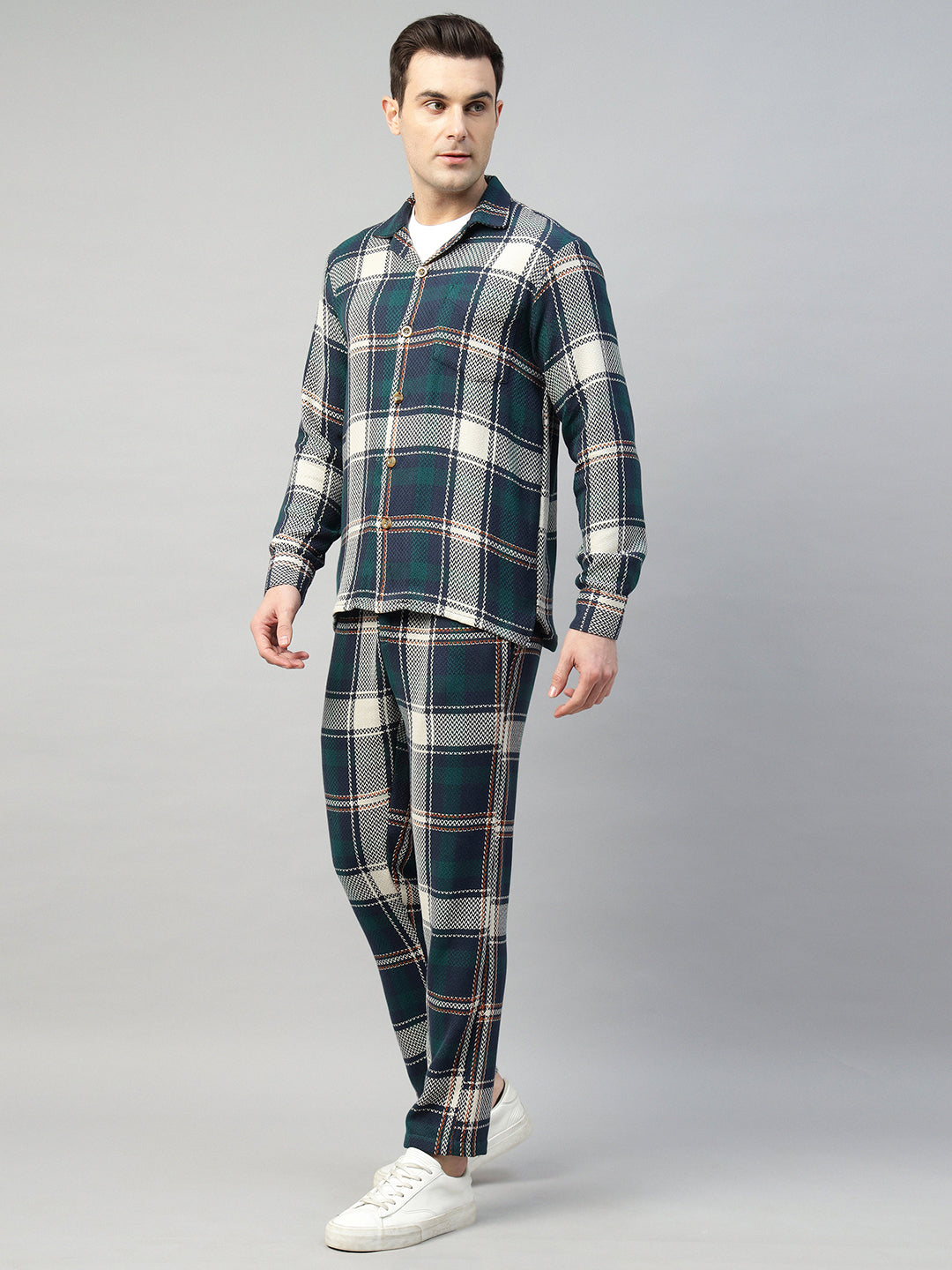 Hancock Men Navy Blue & Green Check Pure Cotton Relaxed Fit Night Wear Night Suit