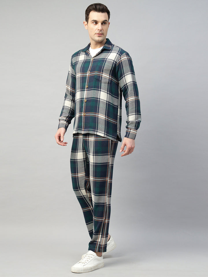 Hancock Men Navy Blue & Green Check Pure Cotton Relaxed Fit Night Wear Night Suit