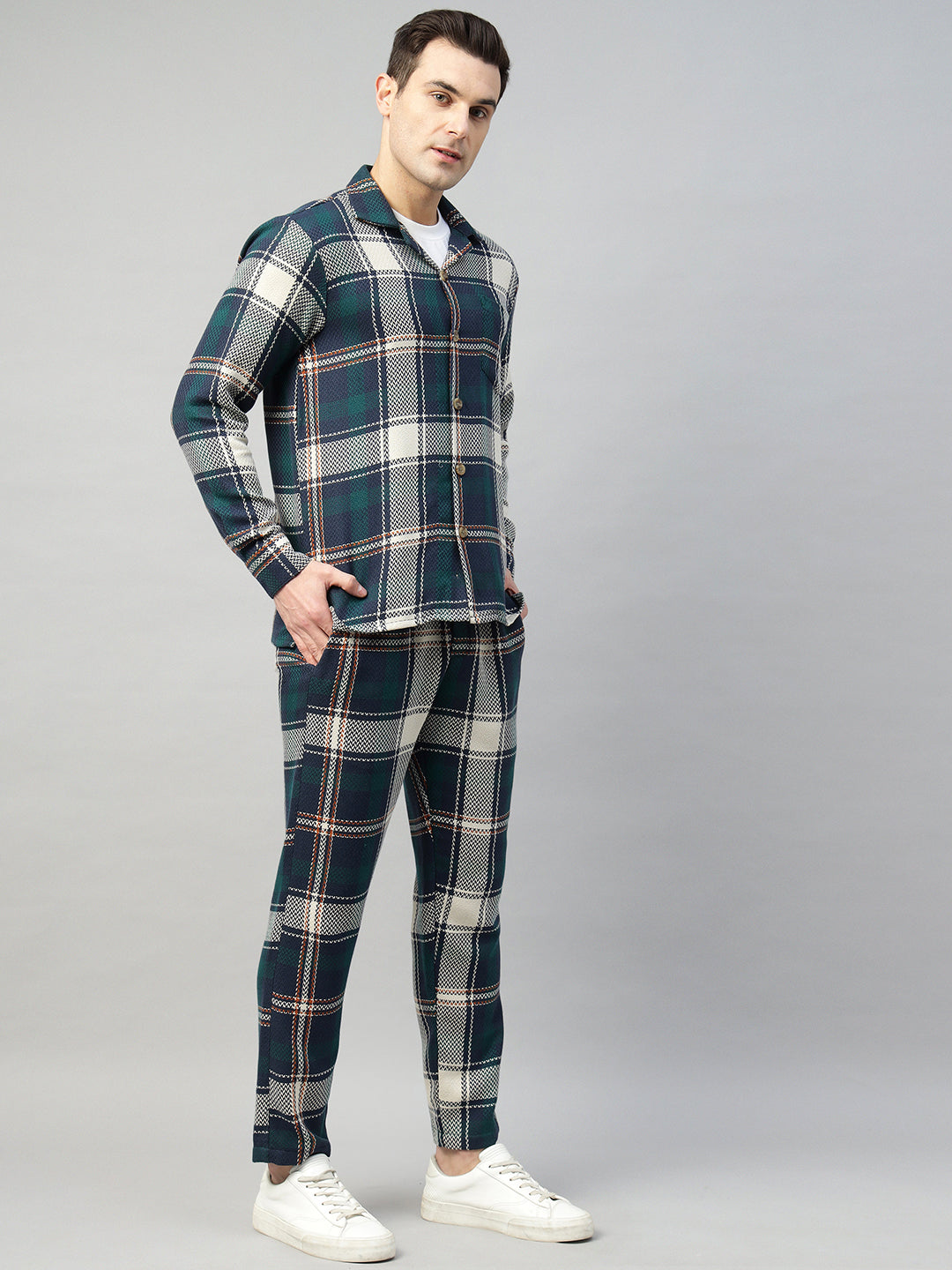 Hancock Men Navy Blue & Green Check Pure Cotton Relaxed Fit Night Wear Night Suit