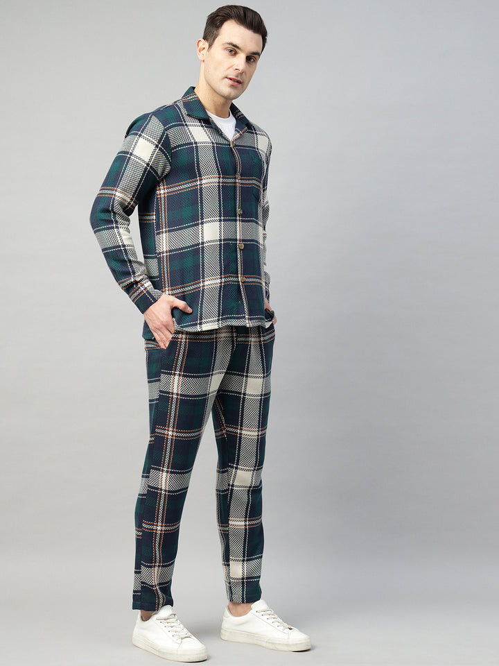 Hancock Men Navy Blue & Green Check Pure Cotton Relaxed Fit Night Wear Night Suit