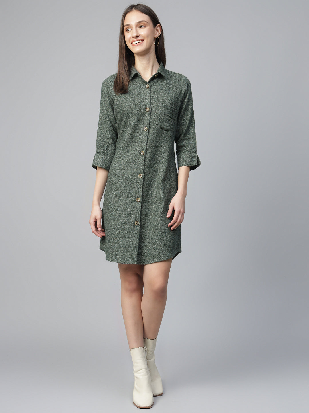 Hancock Women Olive Solid Pure Cotton Regular Fit Formal Dress