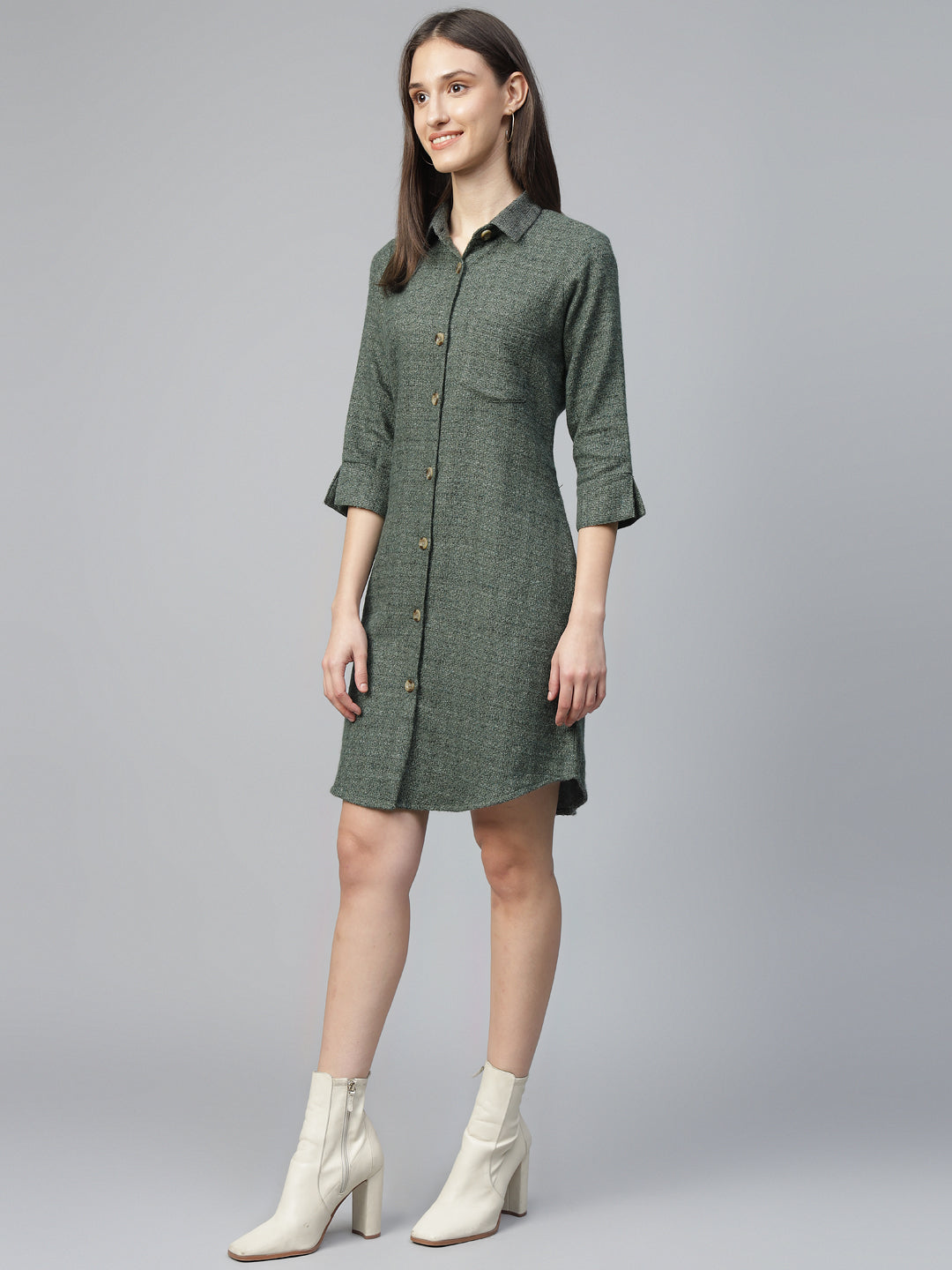 Hancock Women Olive Solid Pure Cotton Regular Fit Formal Dress