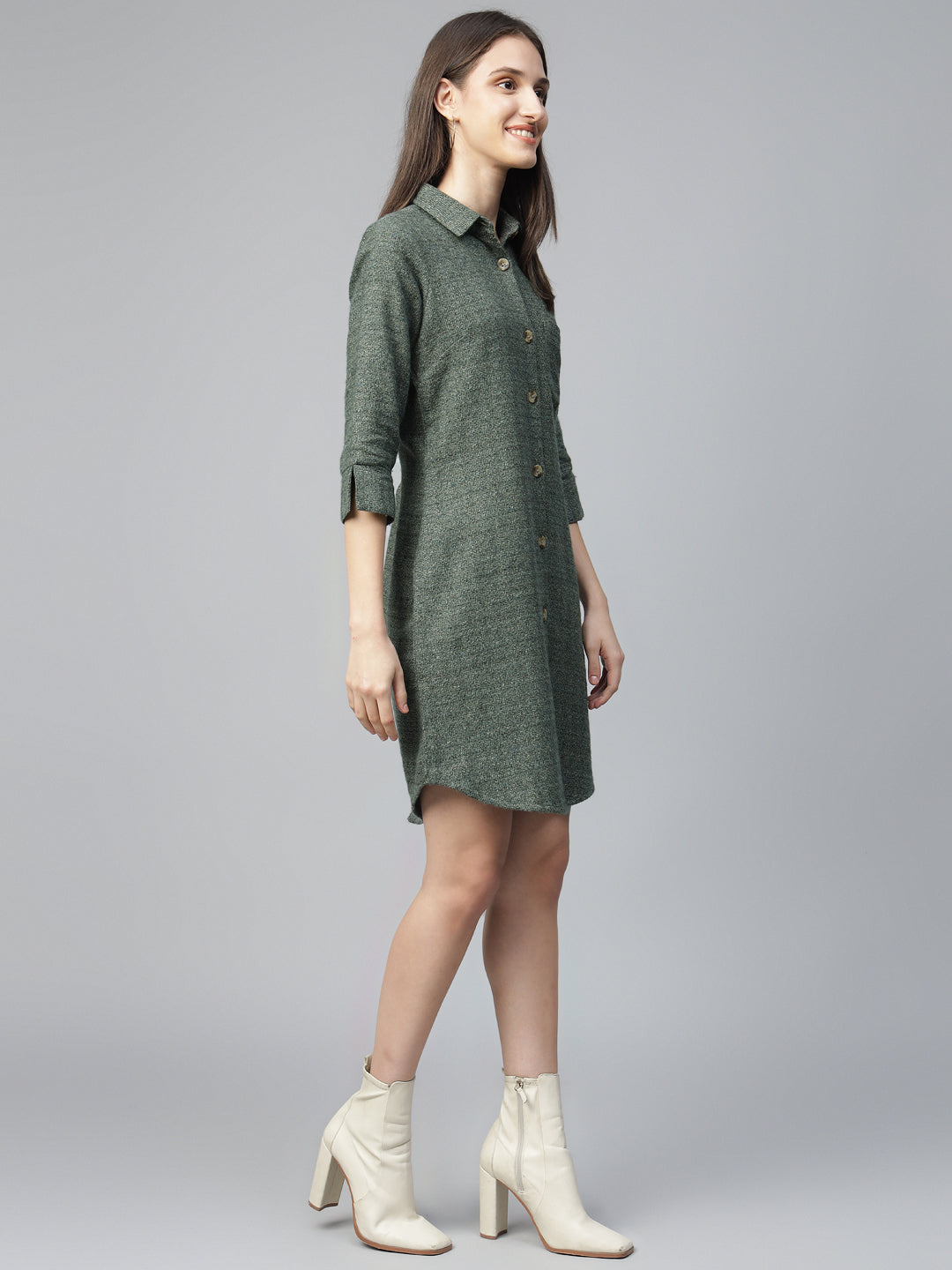 Hancock Women Olive Solid Pure Cotton Regular Fit Formal Dress