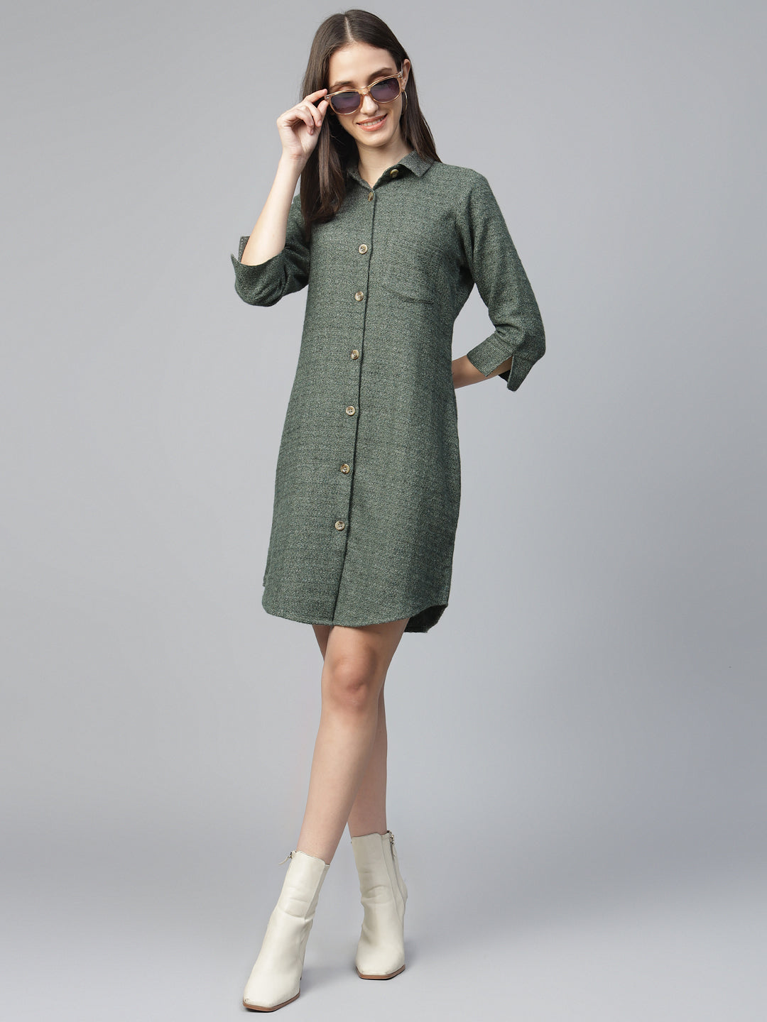 Hancock Women Olive Solid Pure Cotton Regular Fit Formal Dress