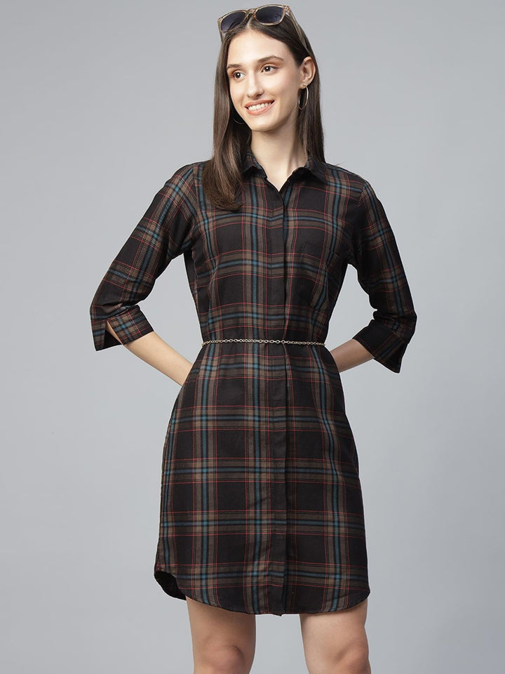 Hancock Women Black Checked Pure Cotton Regular Fit Formal Dress