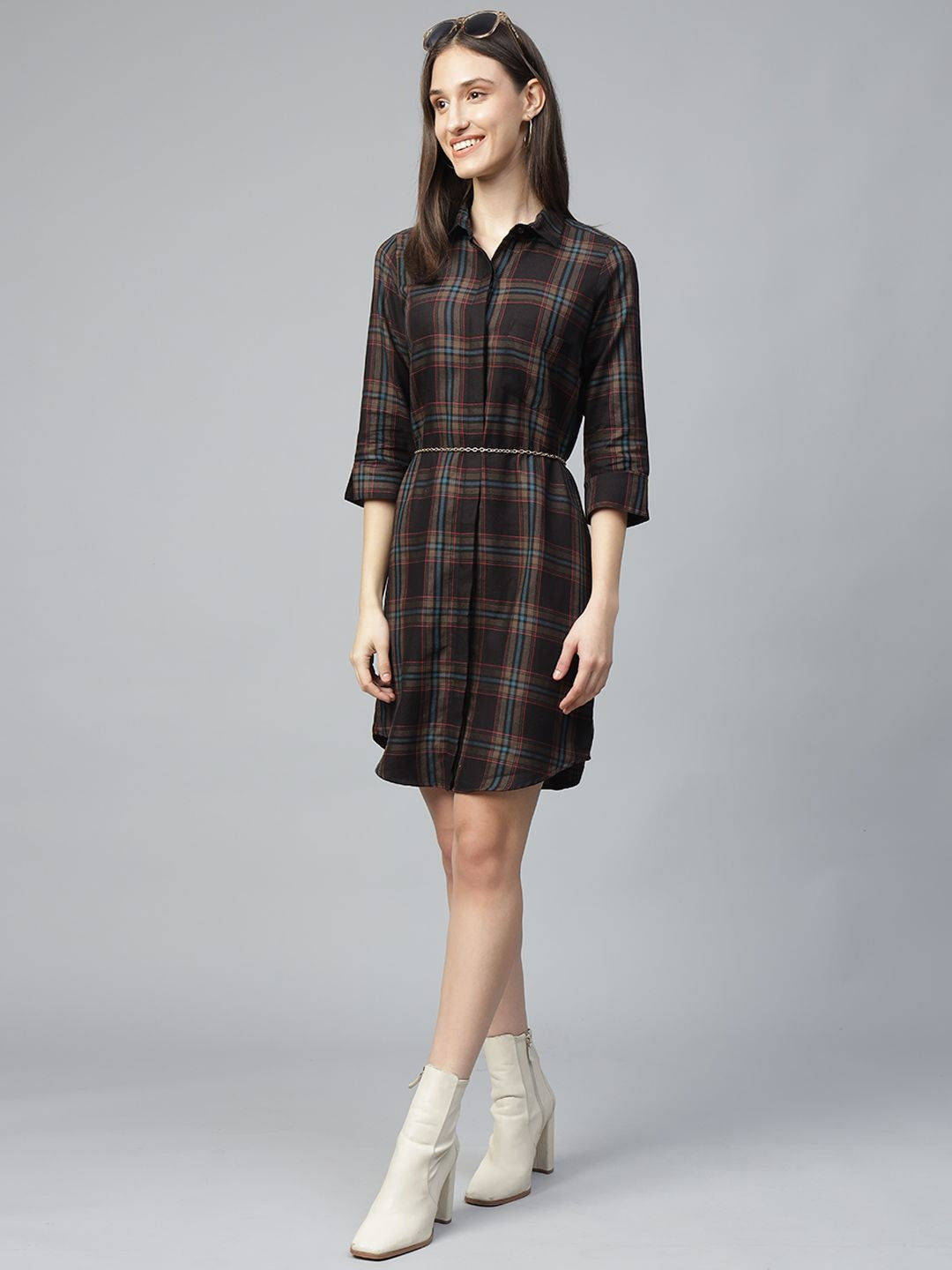 Hancock Women Black Checked Pure Cotton Regular Fit Formal Dress