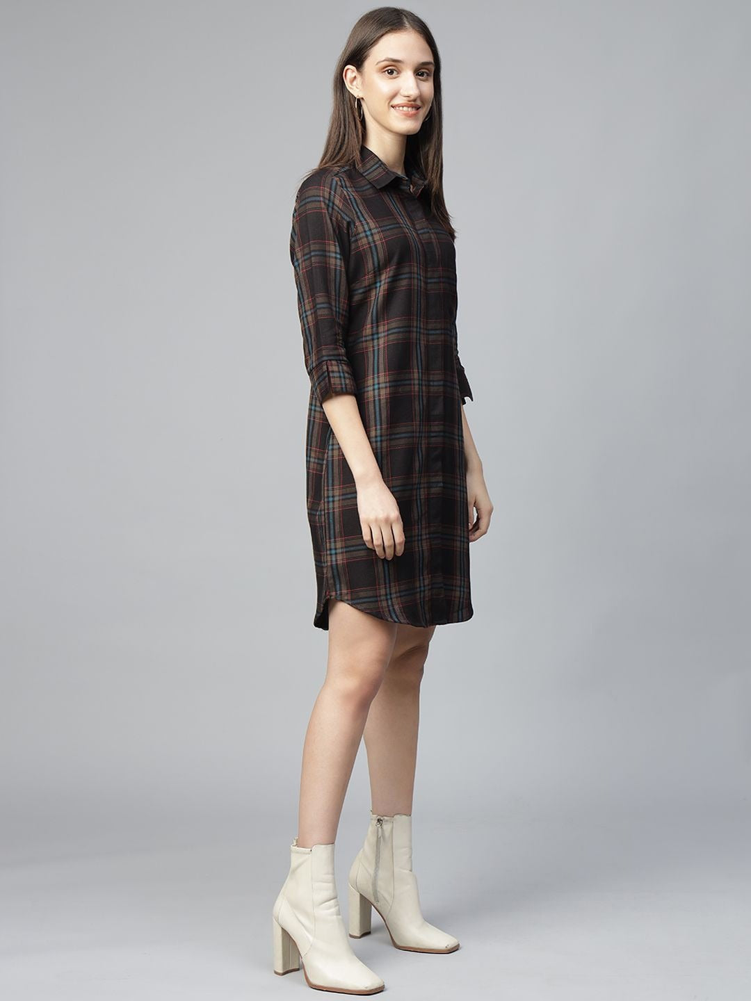 Hancock Women Black Checked Pure Cotton Regular Fit Formal Dress
