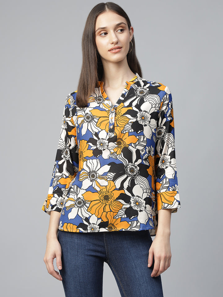 Hancock Women Blue-Mustard Printed Viscose Rayon Regular Fit Formal Top