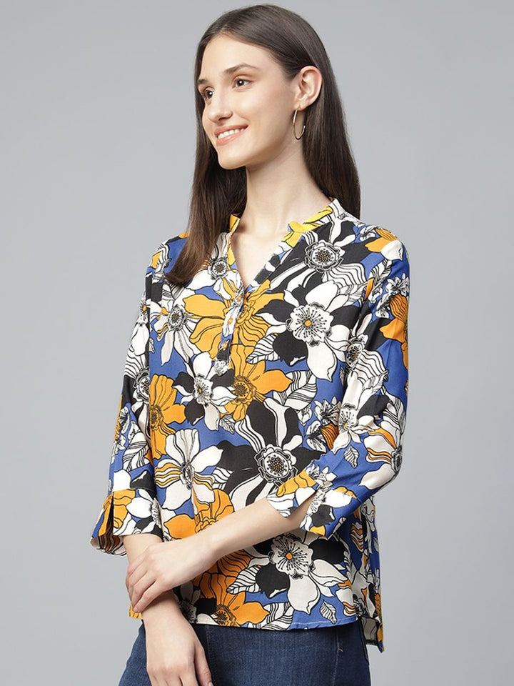 Hancock Women Blue-Mustard Printed Viscose Rayon Regular Fit Formal Top