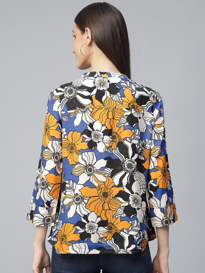 Hancock Women Blue-Mustard Printed Viscose Rayon Regular Fit Formal Top