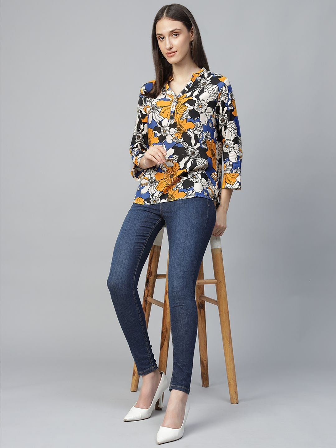 Hancock Women Blue-Mustard Printed Viscose Rayon Regular Fit Formal Top