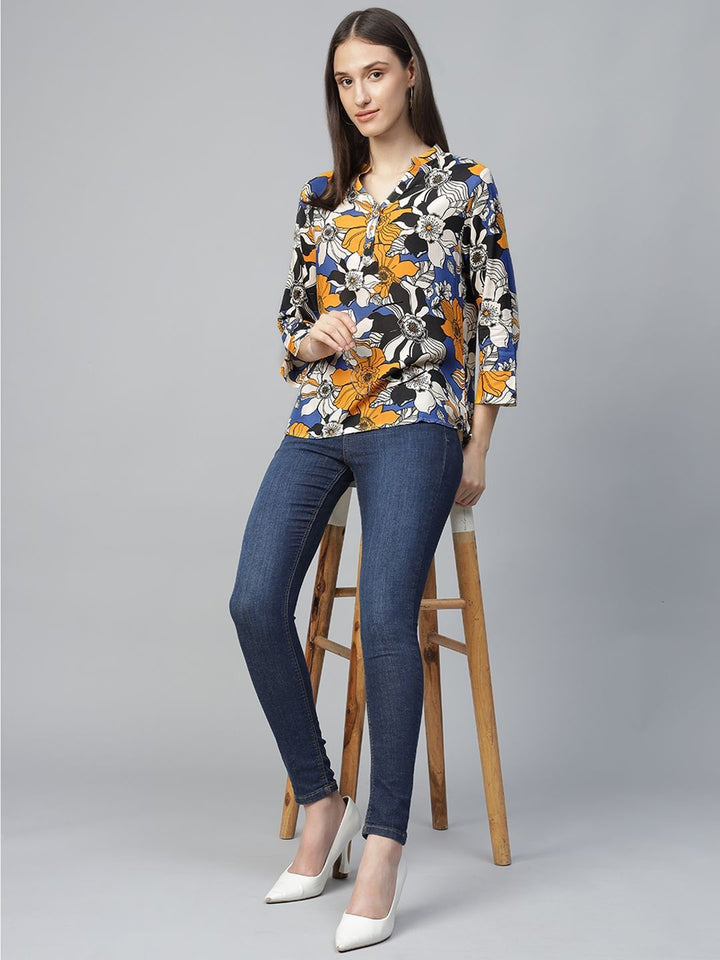 Hancock Women Blue-Mustard Printed Viscose Rayon Regular Fit Formal Top