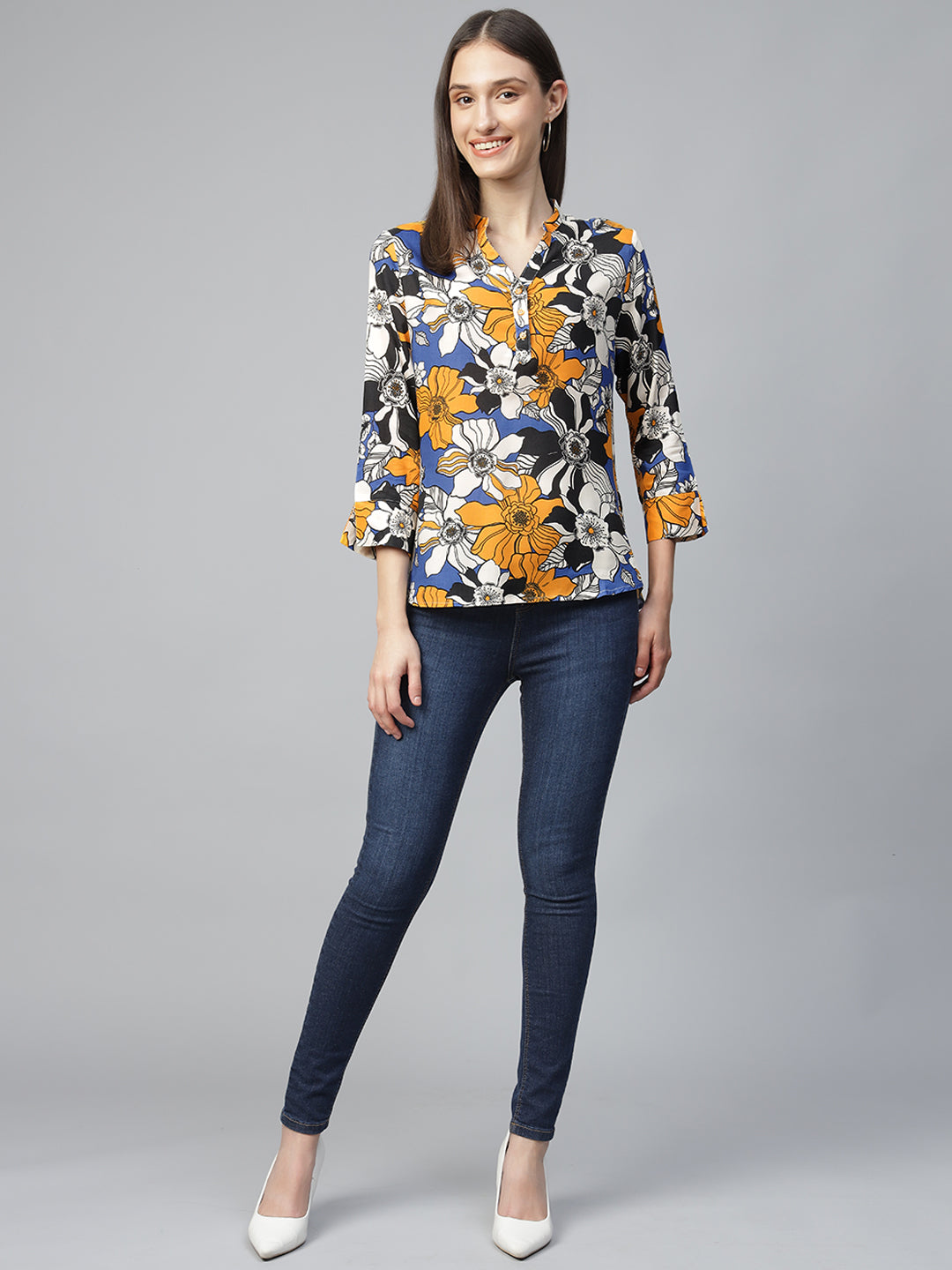 Hancock Women Blue-Mustard Printed Viscose Rayon Regular Fit Formal Top