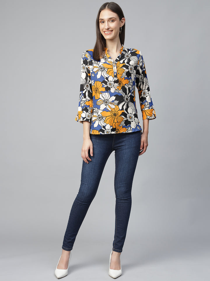 Hancock Women Blue-Mustard Printed Viscose Rayon Regular Fit Formal Top