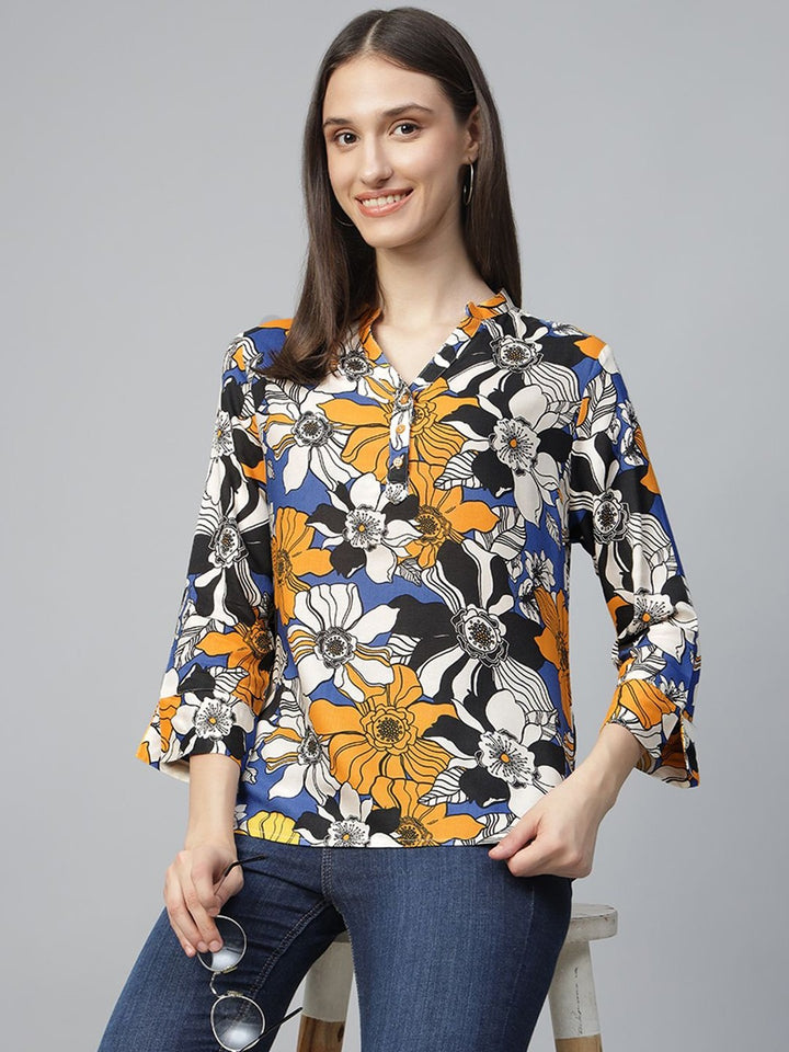Hancock Women Blue-Mustard Printed Viscose Rayon Regular Fit Formal Top