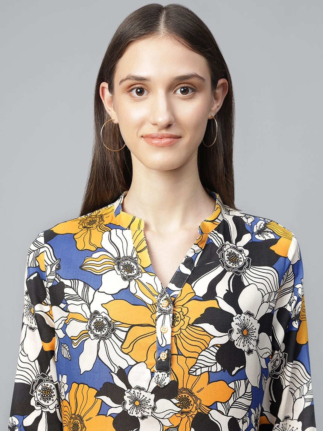 Hancock Women Blue-Mustard Printed Viscose Rayon Regular Fit Formal Top